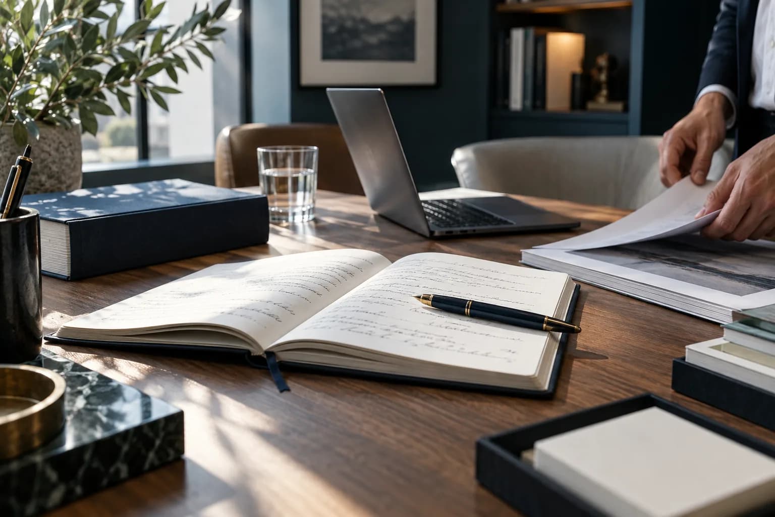 Caderno aberto, livros e materiais de estudo em uma mesa de trabalho