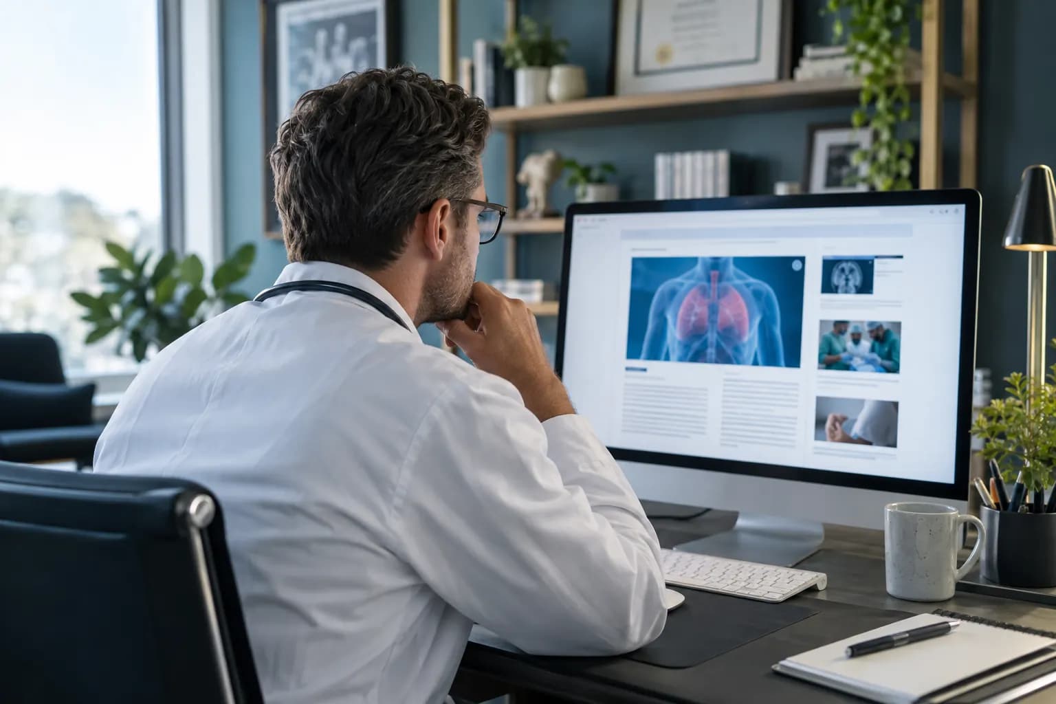 Médico revisando um conteúdo informativo no computador
