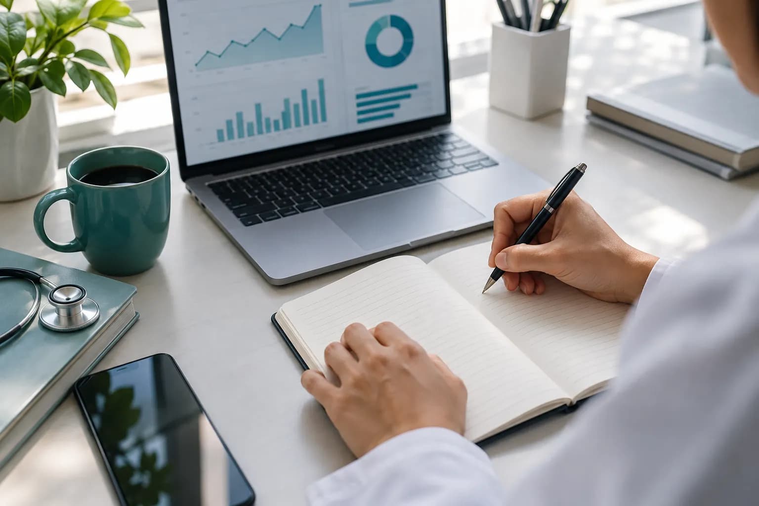 Profissional registrando observações ao lado de gráficos